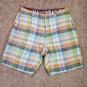 Unionbay Plaid Shorts Mens 32 35x9 Colorful Flat Front Cotton Baggy